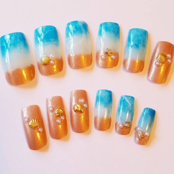 Beach Press On Nails - Ocean Nails New Hand Painted - Picture 1 of 5